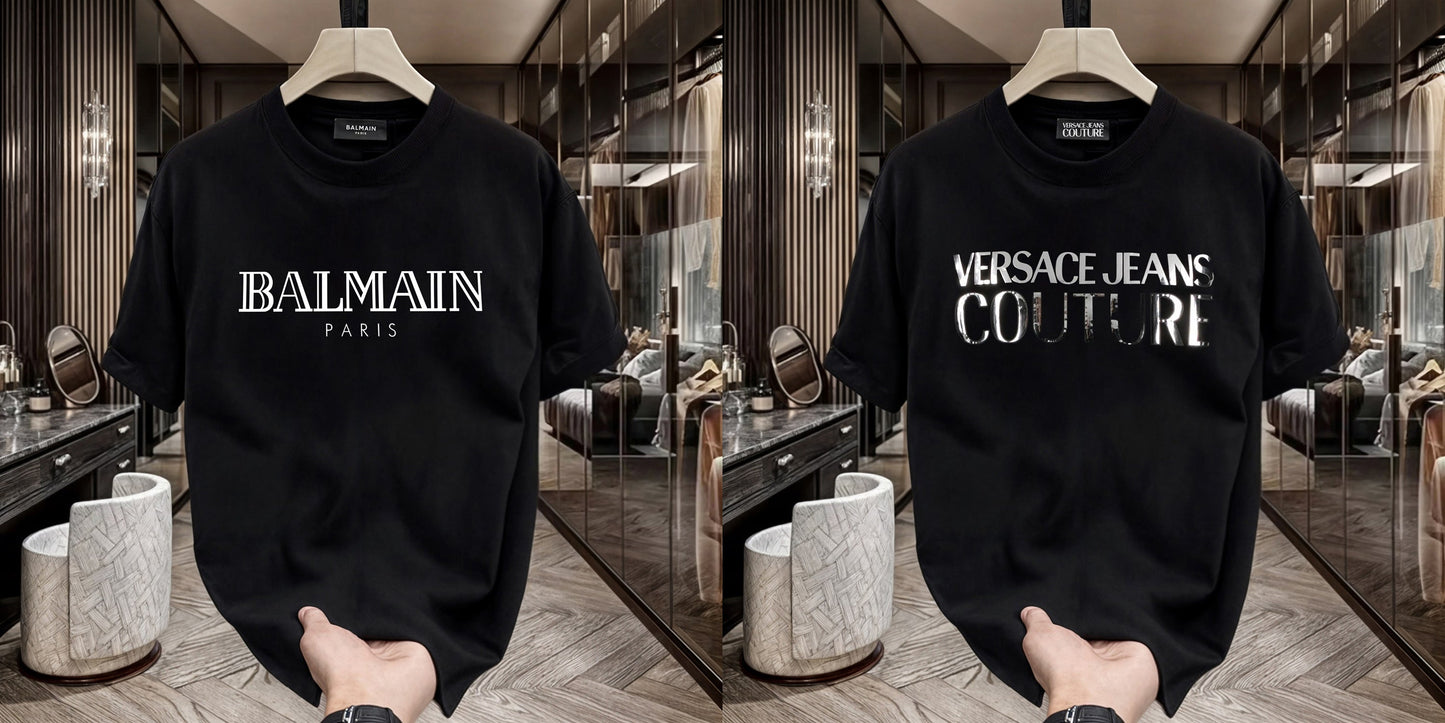 Men's Premium Selling T-Shirts (BD-BALMAIN WHITE+VERSACE SILVER)