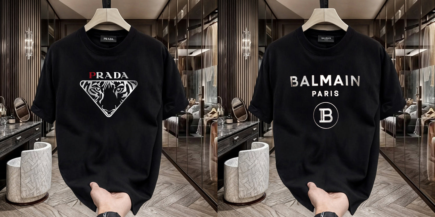 Men's Premium Selling T-shirt (BD-PRADA+BALMAIN SILVER)